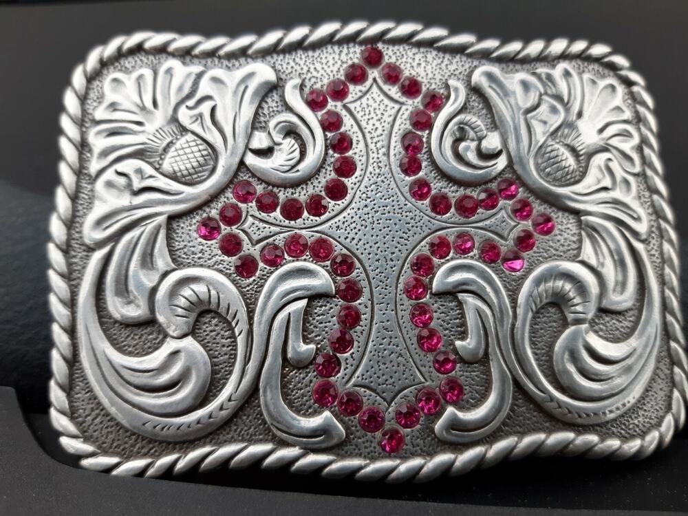 Western Belt Buckle With Pink Sequins Cross New 3 1/2" Wide 2 1/2" Long
